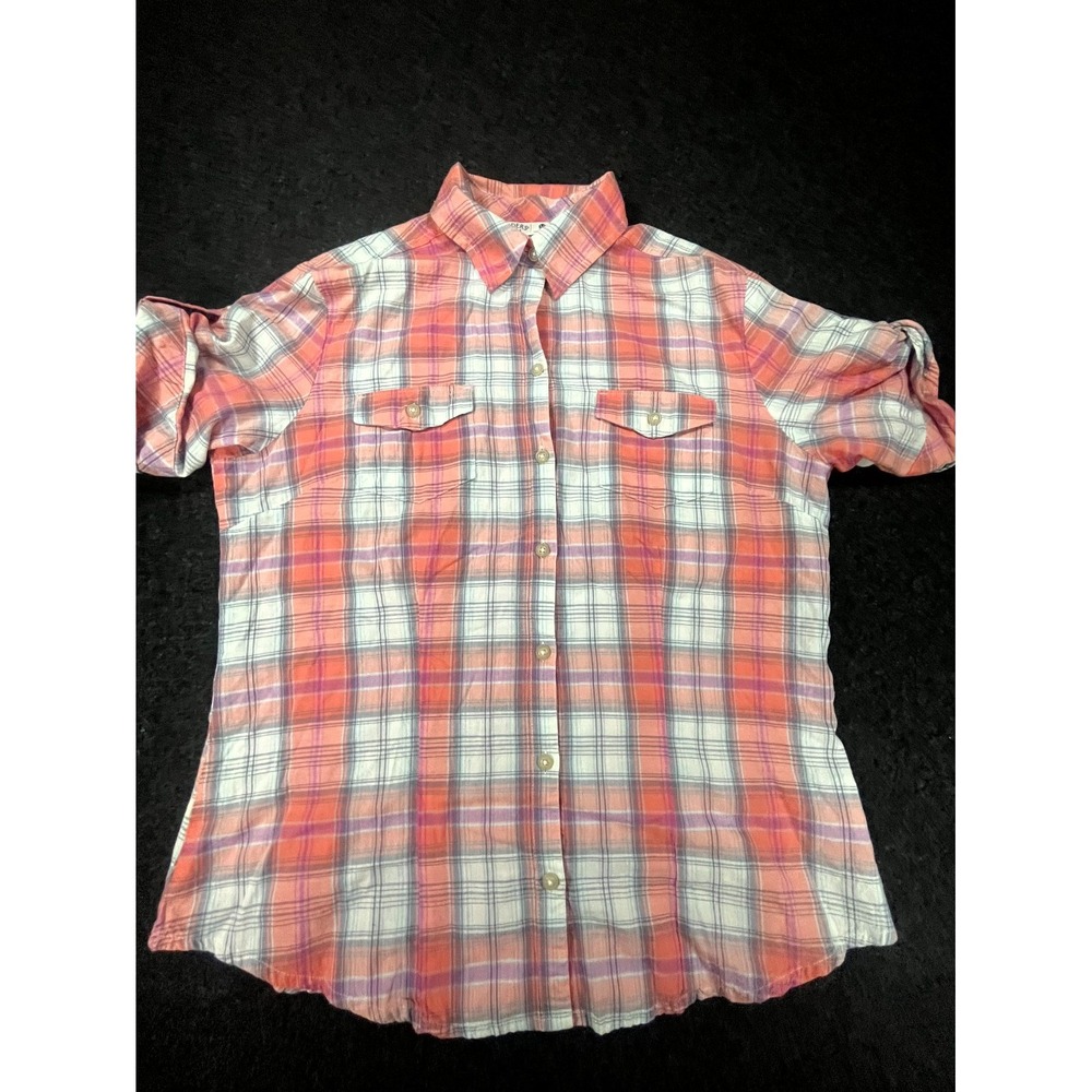 Riders by Lee Western Shirt Women M Coral Plaid Roll Tab Sleeve Collar Button Up